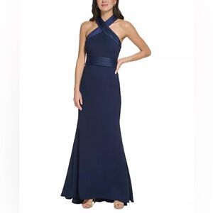 ELIZA J
Women's Halter-Wrap-Neck Crepe-Back-Satin Gown